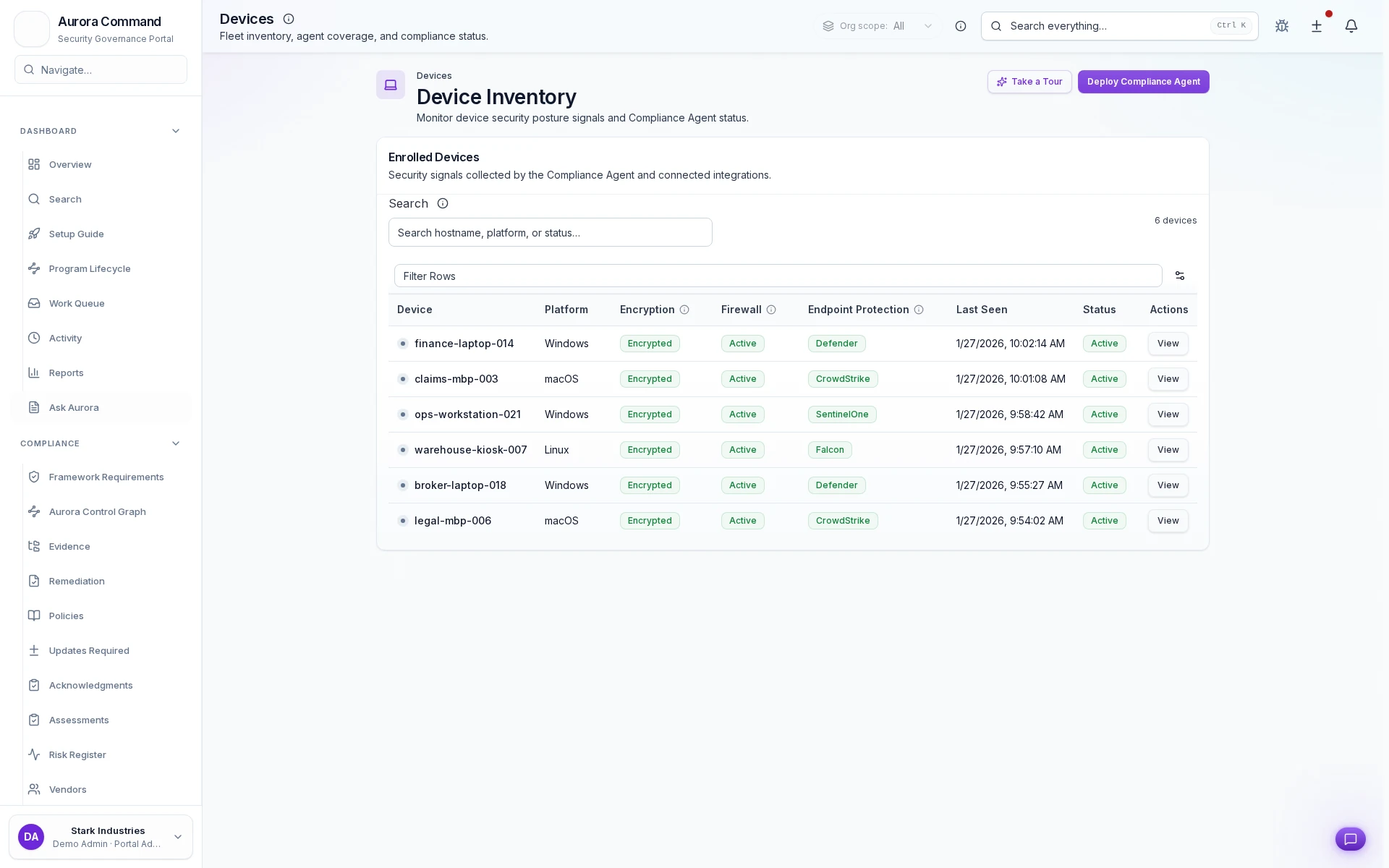 Prove device coverage at the field level - encryption, firewall, and agent status verified per device.