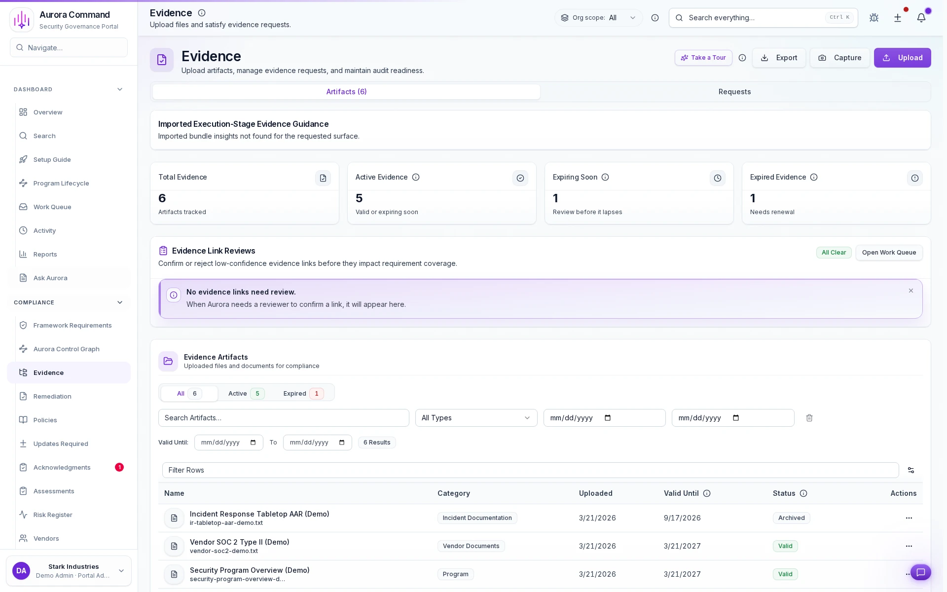 Aurora evidence library showing freshness state, ownership, and source context in one workspace.